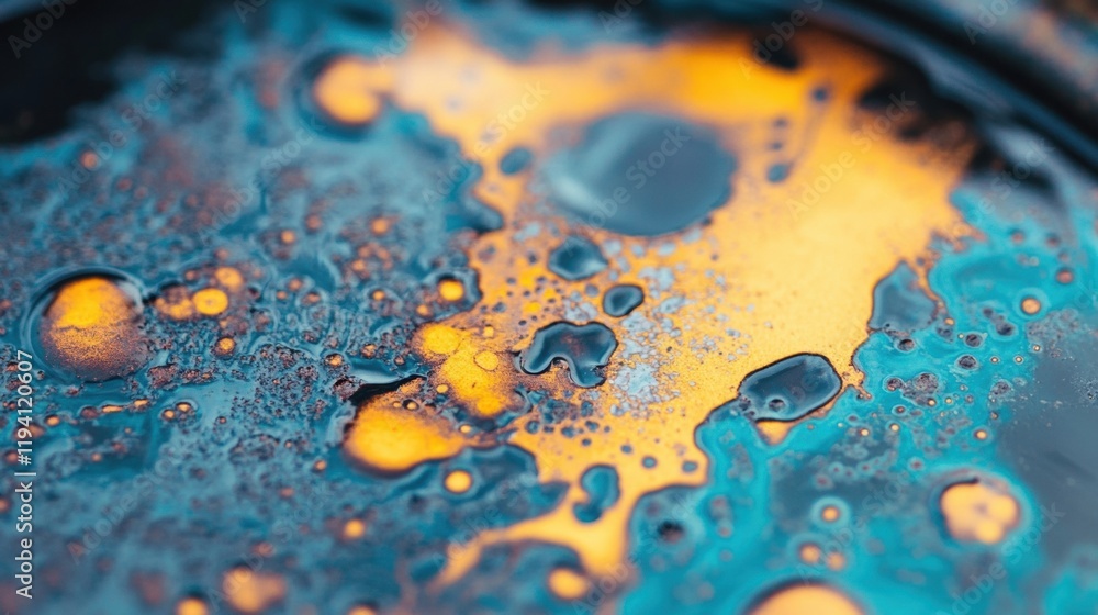 Poster swirling metallic fluid showcases vibrant colors and intricate patterns, creating a mesmerizing visu