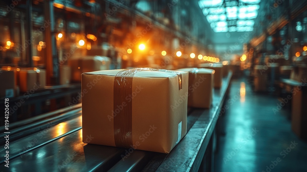 Poster a close-up view of cardboard boxes on a conveyor belt in a warehouse with soft lighting in a busy lo