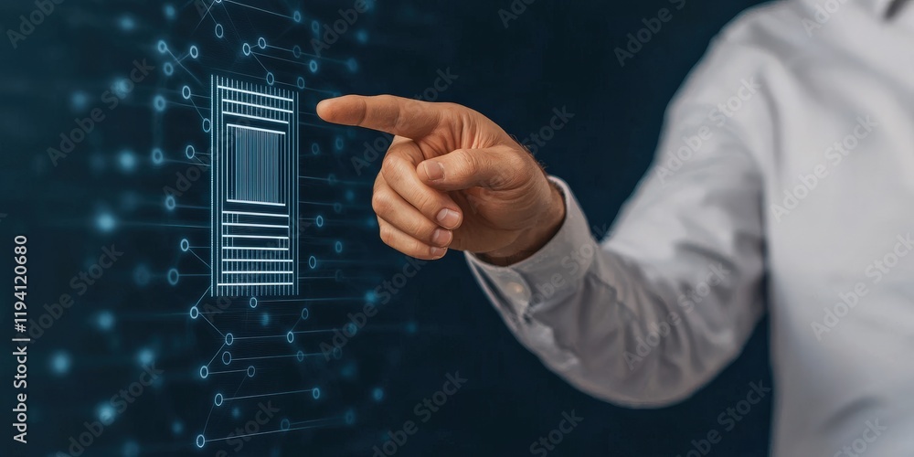 Poster security researchers firewall protection. a hand pointing at a digital interface with glowing lines 