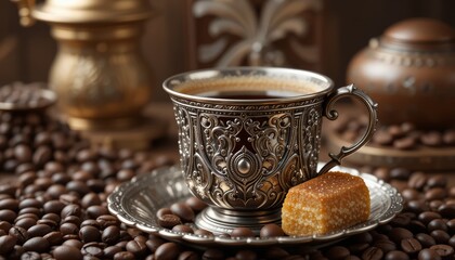 Aromatic coffee in an ornate silver cup sits on a bed of roasted beans, accompanied by a sweet treat.