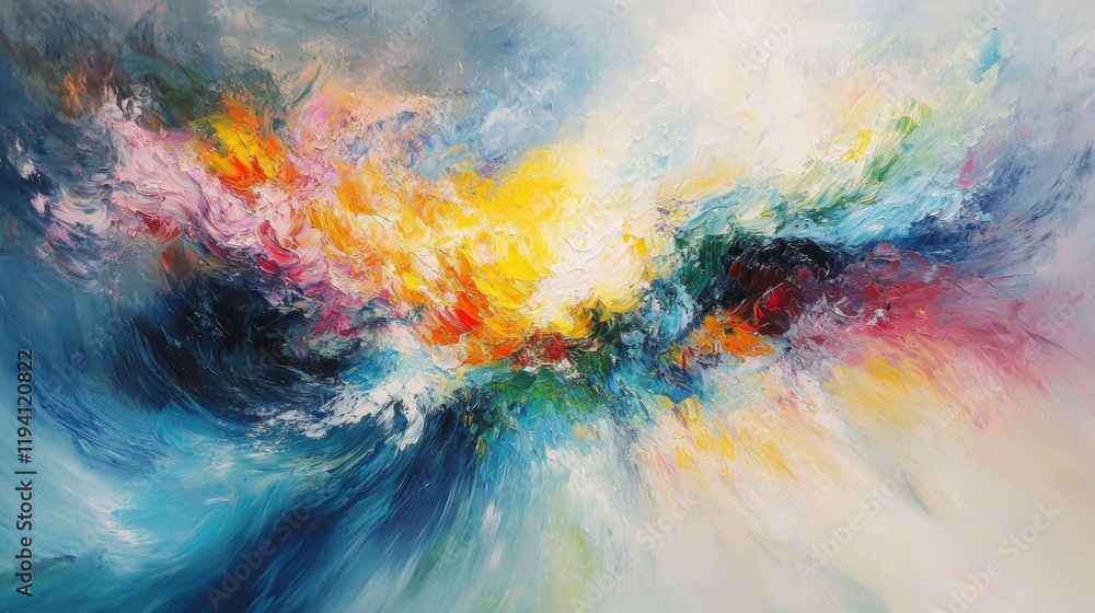 Poster an abstract artwork features swirling colors of blue, yellow, and red, creating a dynamic visual exp
