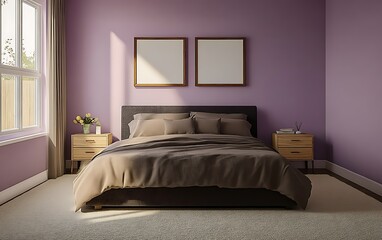 Modern bedroom, purple walls, sunlight, cozy interior design, home decor
