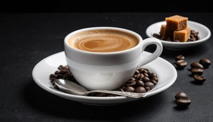 Fototapeta premium Aromatic espresso coffee in white cup with coffee beans and brown sugar cubes on dark background