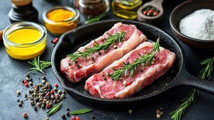 Fresh Raw Meat Steaks with Herbs and Spices on Dark Background