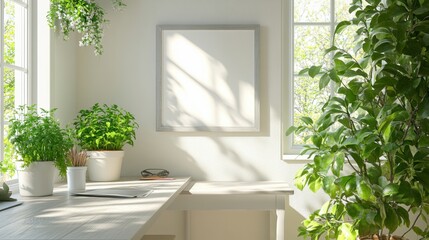 Bright and Serene Home Office with Green Plants and Natural Light