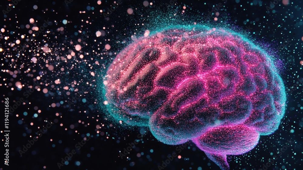 Poster conceptual artwork depicting an artificial intelligence brain illuminated with vibrant colors, repre