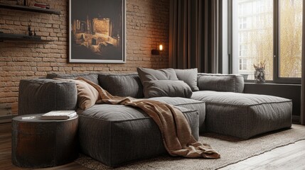 Cozy Modern Living Room with Gray Couch and Natural Light