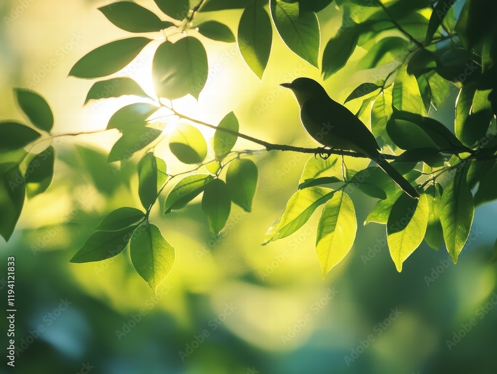 Poster the shadow of a bird perched on a tree branch, with soft sunlight filtering through the leaves and c