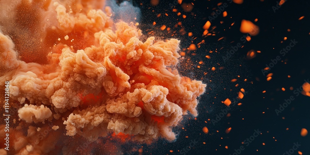 Poster security researchers firewall protection. explosive orange smoke cloud with particles on a dark back