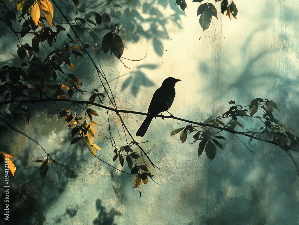 Poster the shadow of a bird perched on a tree branch, with soft sunlight filtering through the leaves and c