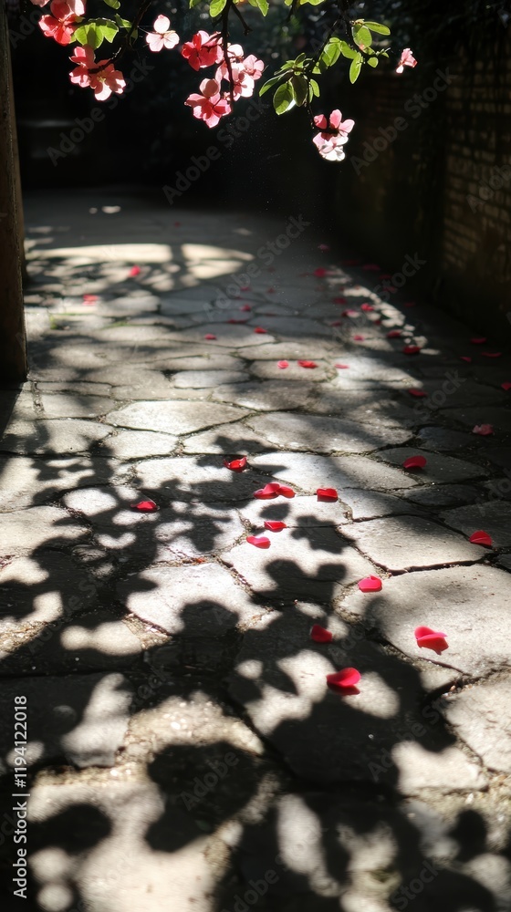 Poster the shadow of a branch with flowers falling on a path, with sunlight creating an intricate pattern o