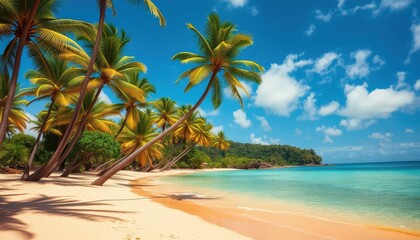 Obraz premium Tropical beach scene with swaying palm trees, golden sands, and turquoise waters, radiating summer vibes and relaxation