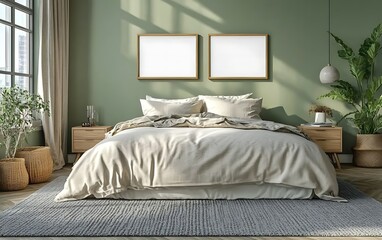 Serene bedroom interior design, green wall, sunlight, plants, mockup frames, lifestyle imagery for home decor