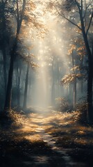 Obraz premium Sunlit Path Through An Autumnal Forest Scene