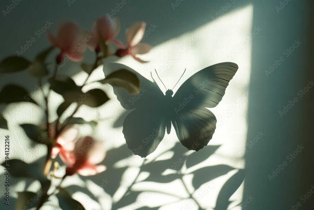Poster the shadow of a butterfly resting on a flower, with soft light creating a delicate and serene effect