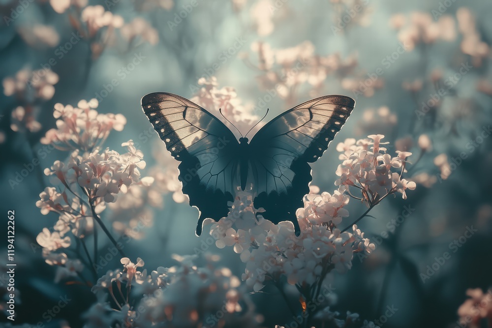 Aufkleber the shadow of a butterfly resting on a flower, with soft light creating a delicate and serene effect