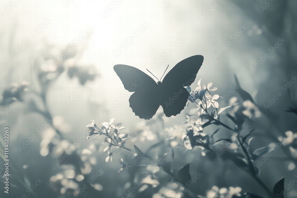 Poster the shadow of a butterfly resting on a flower, with soft light creating a delicate and serene effect