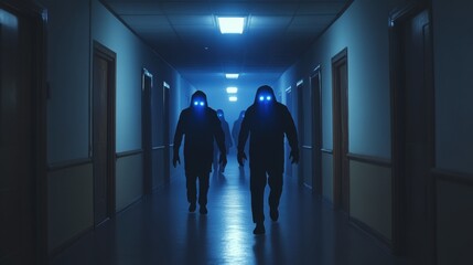 Mysterious Figures with Glowing Eyes Walking in Dark Corridor