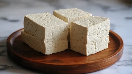 Fresh Tofu Blocks on Wooden Plate Displayed on Marble Surface