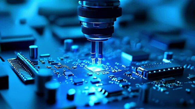 A close-up view of a circuit board under a microscope, highlighting electronic components.