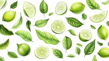 Fresh Green Limes and Leaves Pattern on White Background