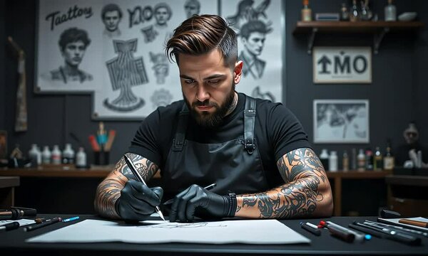 Focused Tattoo Artist Creating Detailed Ink Design in His Studio