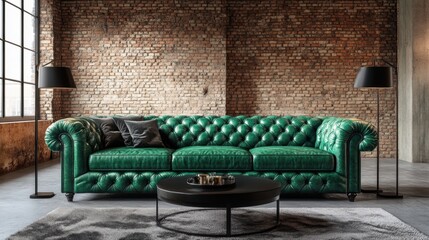 Elegant Green Leather Sofa in Modern Industrial Living Room