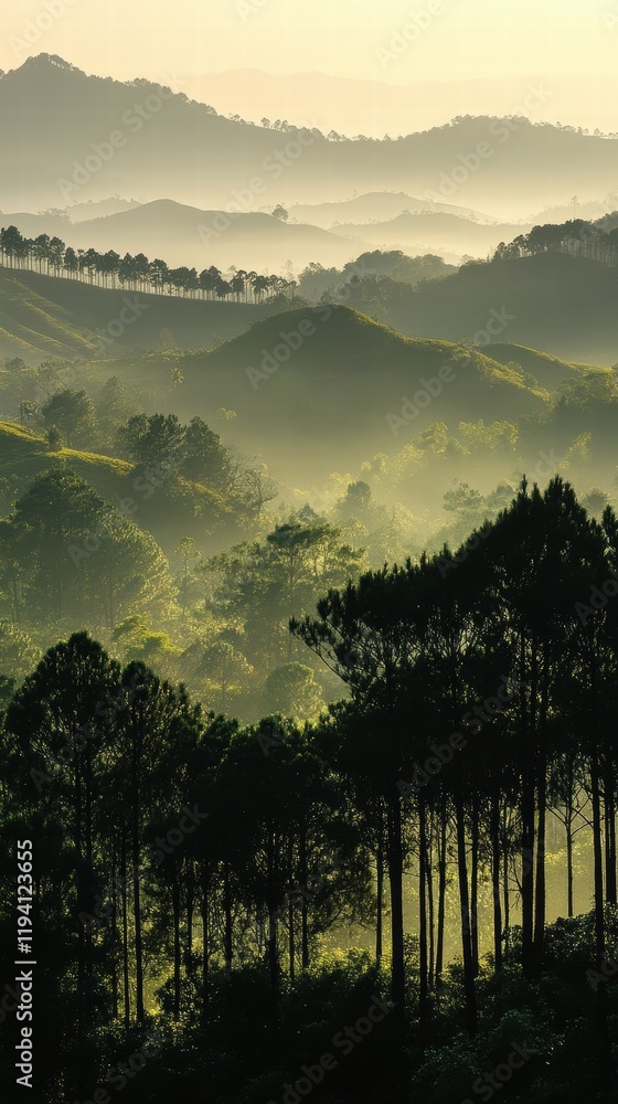 Poster the shadow of a cluster of trees forming a dark silhouette against the soft light of dusk in the for