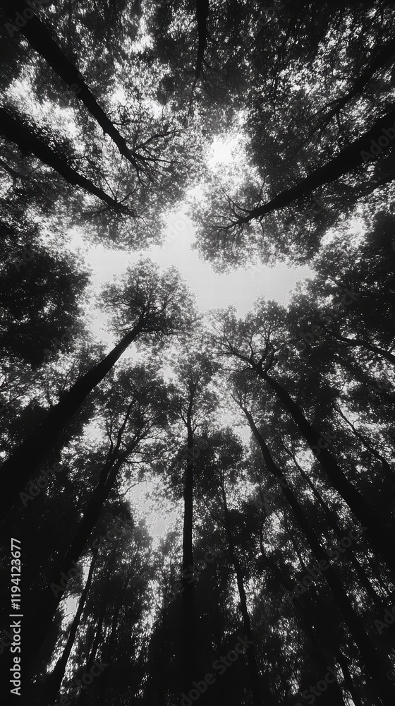 Poster the shadow of a cluster of trees forming a dark silhouette against the soft light of dusk in the for
