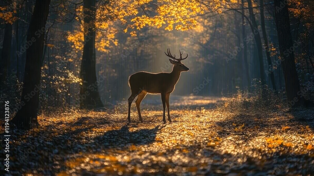 Poster the shadow of a deer standing quietly in a forest clearing, with trees casting their shadows all aro