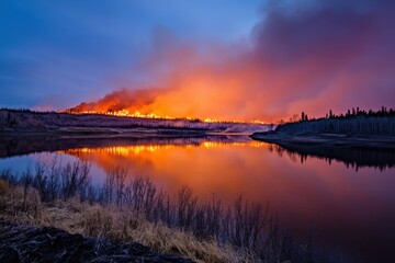 Fototapeta premium Forest Fire Reflection at Dusk Near Calm River