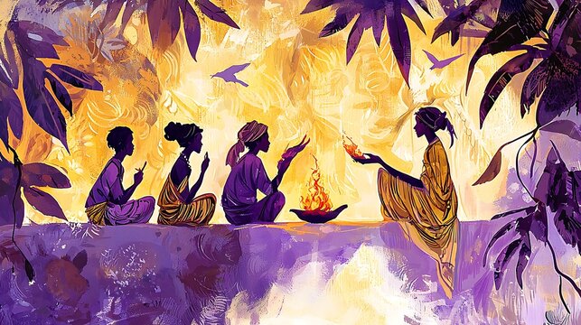 Women gather around campfire, sharing stories in jungle setting, illustrating African folklore