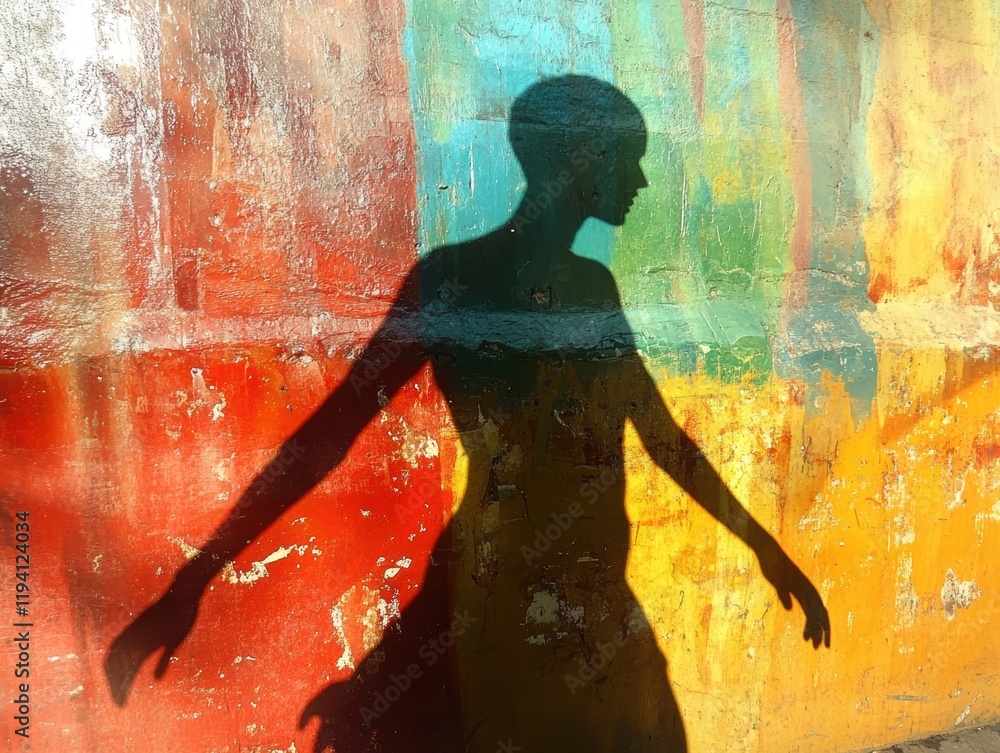 Poster the shadow of a figure, distorted and fragmented, stretching across a colorful background, creating 