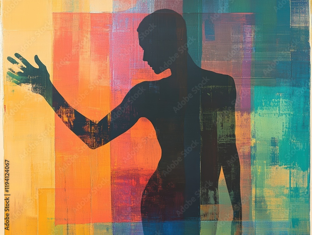 Poster the shadow of a figure, distorted and fragmented, stretching across a colorful background, creating 