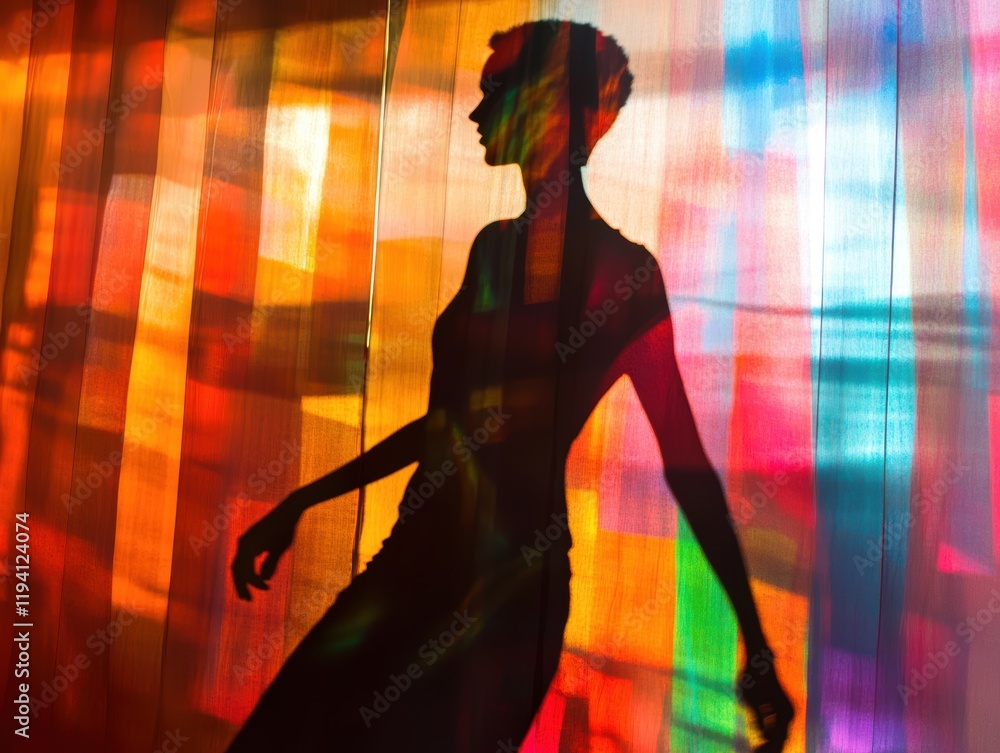 Poster the shadow of a figure, distorted and fragmented, stretching across a colorful background, creating 