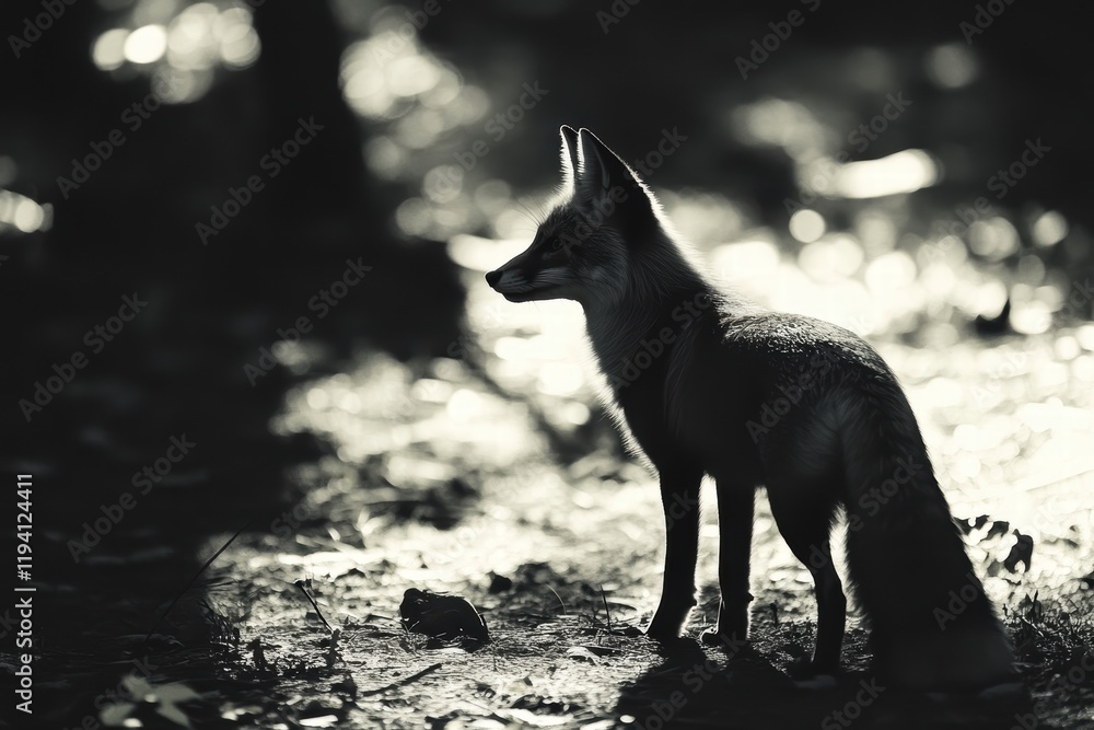 Poster the shadow of a fox moving stealthily through the forest, with the sunlight creating intricate shape