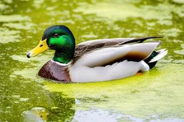 Duck Swimming in Pond Covered with Green Algae