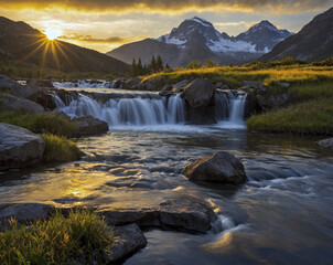 mountain river falls in autumn