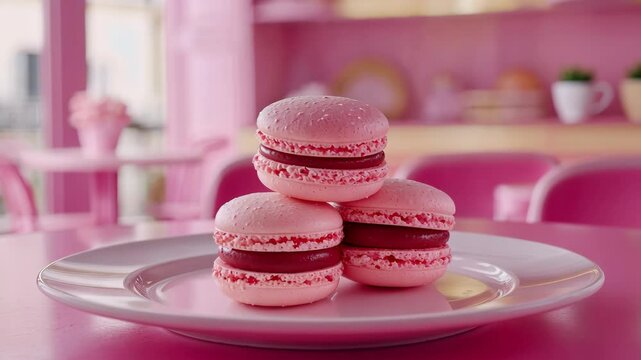 Pink macarons served on a white plate in a charming cafe decorated in soft pastel hues