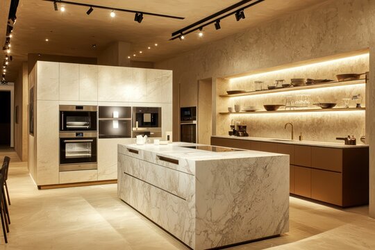 Kitchen showroom displays a marble island and modern appliances under soft lighting.