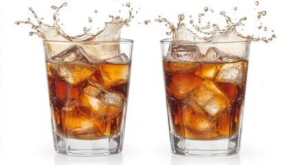 Refreshing Ice Cold Beverage Splash in Clear Glasses with Ice Cubes