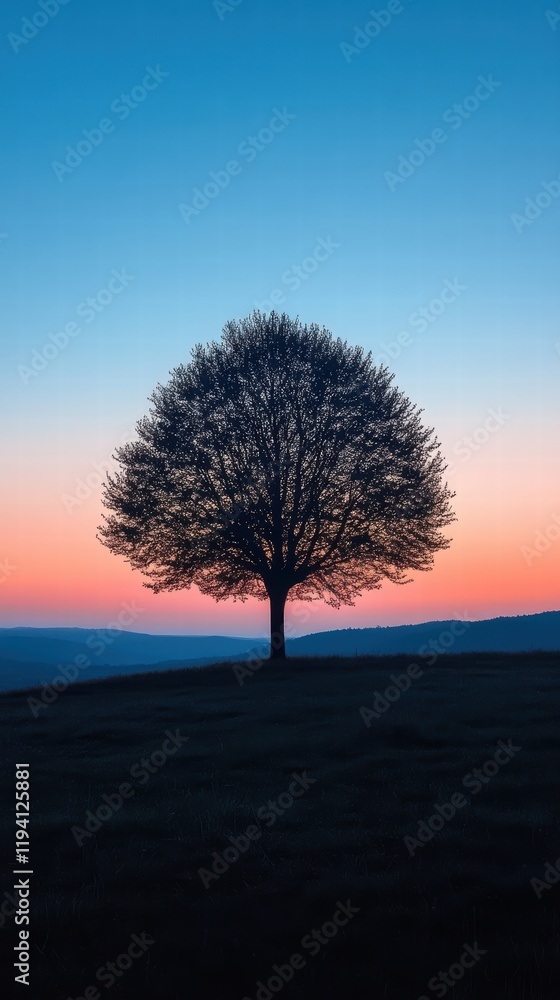 Poster the shadow of a lone tree with the horizon in the background, the soft light of dusk casting a calmi