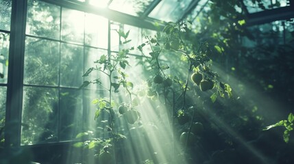 Sunlight Filtering Through Glass Greenhouse on Tomato Plants
