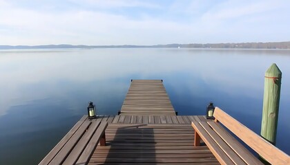 Naklejka premium Serene Wooden Dock Extending Over Misty Lake