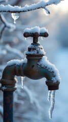 Close-Up of Frost-Covered Outdoor Water Faucet During Wintertime
