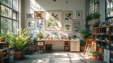 A bright and airy artistic studio with botanical decor, including potted ferns, botanical prints on white walls, and an art table scattered with creative supplies,
