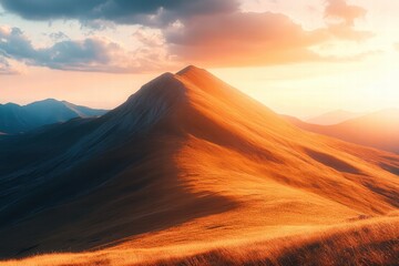 Naklejka premium The shadow of a mountain ridge stretching across a desert landscape, with the warm light of the setting sun illuminating the scene.