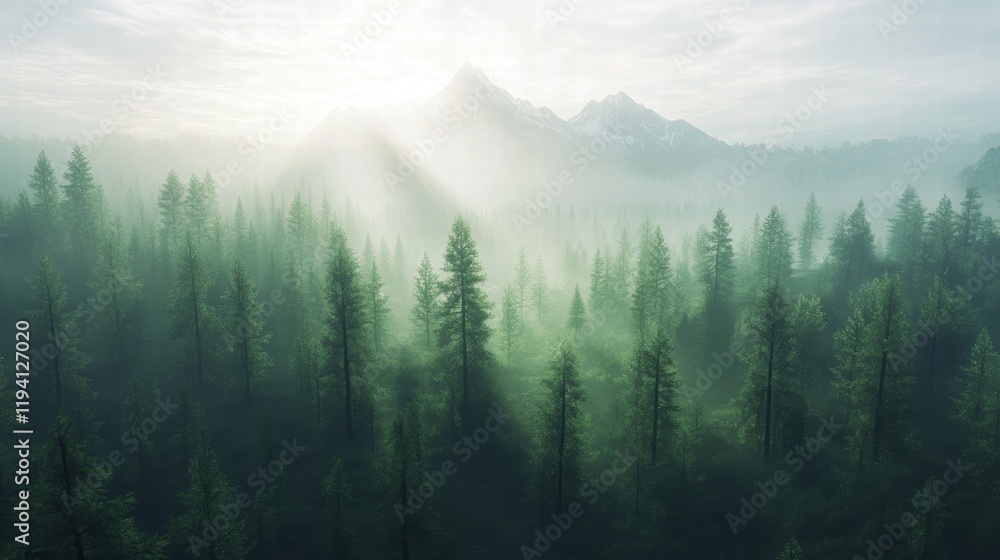 Poster the shadow of a peak rising over a dense forest, with soft sunlight filtering through the trees and 