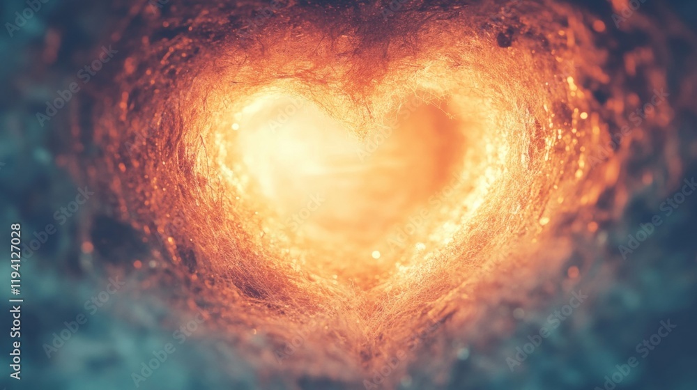 Poster bright heart shape emerges from a warm glowing tunnel, surrounded by swirling patterns, creating an 