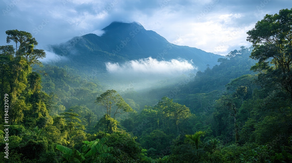 Poster the shadow of a peak rising over a dense forest, with soft sunlight filtering through the trees and 